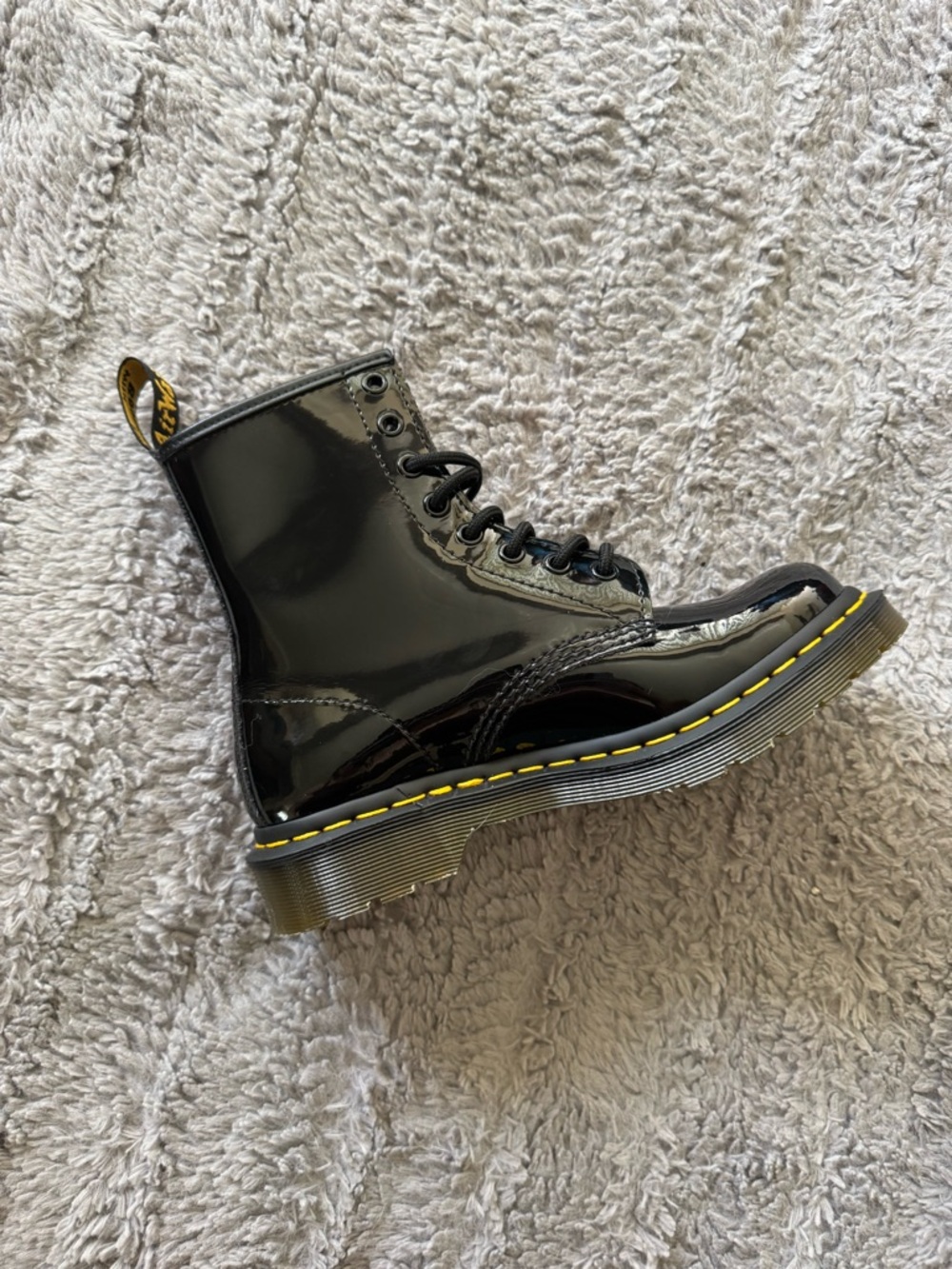 Dr. Martens Black Patent Lace-Up Combat Boots with Yellow Stitching - Picture 7 of 10